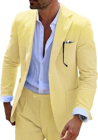 Seersucker Slim Suits for Men Formal Casul Summer Beach Wedding Grooms 2 Piece Blazer Pants Party Striped Suit Sets in Saudi Arabia