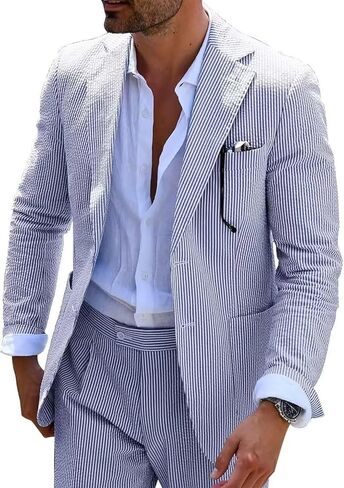 Seersucker Slim Suits for Men Formal Casul Summer Beach Wedding Grooms 2 Piece Blazer Pants Party Striped Suit Sets in Saudi Arabia