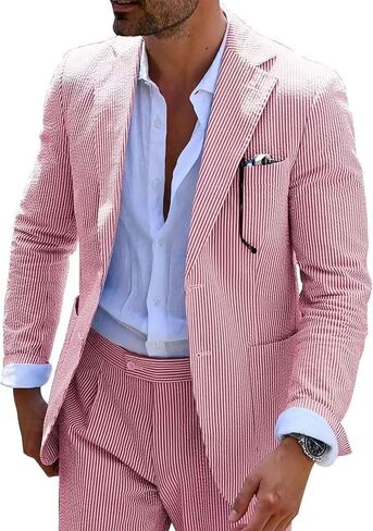Seersucker Slim Suits for Men Formal Casul Summer Beach Wedding Grooms 2 Piece Blazer Pants Party Striped Suit Sets in Saudi Arabia