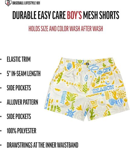 Baseball Lifestyle 101 Boy's Cactus Curve Mesh Shorts with Side Pockets and Elastic Waist, 5 in Inseam S-XL Sizes in Kuwait