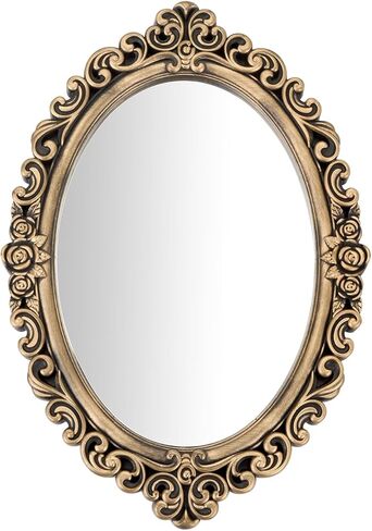 12x8.5 inch Plastic Frame Vintage Oval Wall Mirror with Decorative Bronze Frame, Antique Style Rose Pattern in Kuwait