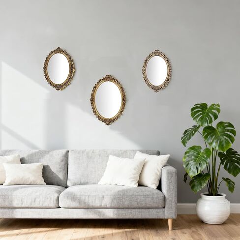 12x8.5 inch Plastic Frame Vintage Oval Wall Mirror with Decorative Bronze Frame, Antique Style Rose Pattern in Kuwait