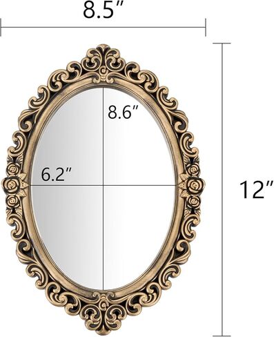 12x8.5 inch Plastic Frame Vintage Oval Wall Mirror with Decorative Bronze Frame, Antique Style Rose Pattern in Kuwait