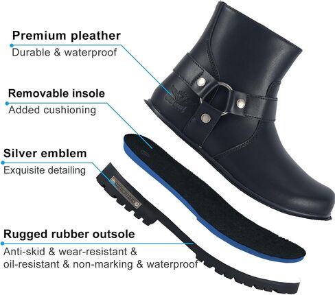 Dream Apparel Mens Harness Motorcycle Riding Boots Black PU Leather Biker Ankle Boots with Side Zipper, Waterproof Faux Leather Round Toe Booties in Saudi Arabia