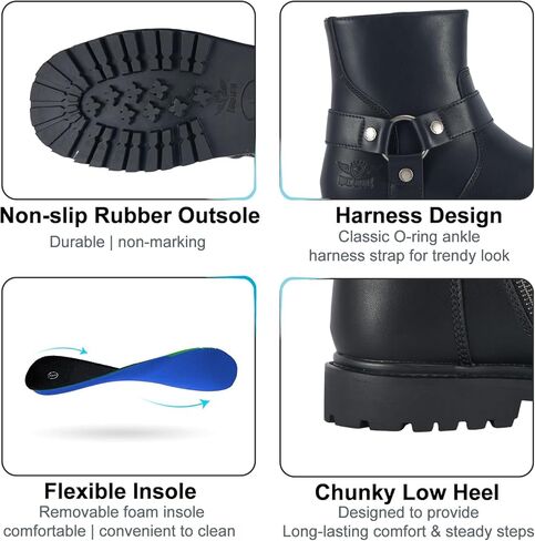 Dream Apparel Mens Harness Motorcycle Riding Boots Black PU Leather Biker Ankle Boots with Side Zipper, Waterproof Faux Leather Round Toe Booties in Saudi Arabia