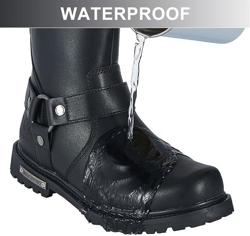 Dream Apparel Mens Harness Motorcycle Riding Boots Black PU Leather Biker Ankle Boots with Side Zipper, Waterproof Faux Leather Round Toe Booties in Saudi Arabia