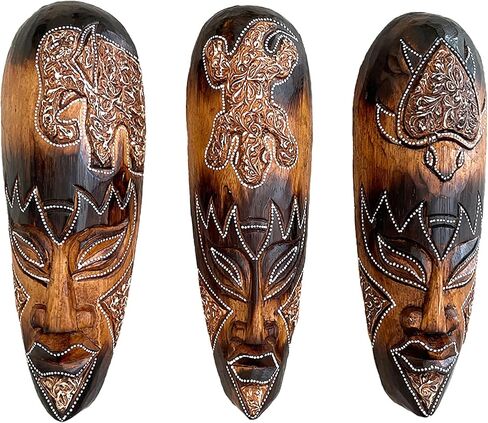 OMA Set Of (3) African Wall Masks With Stunning Details Hand Crafted Wooden Tribal Tiki Wall Hanging Home Decor Gift in Kuwait
