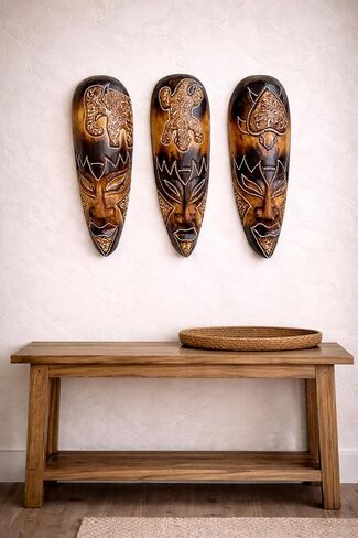 OMA Set Of (3) African Wall Masks With Stunning Details Hand Crafted Wooden Tribal Tiki Wall Hanging Home Decor Gift in Kuwait