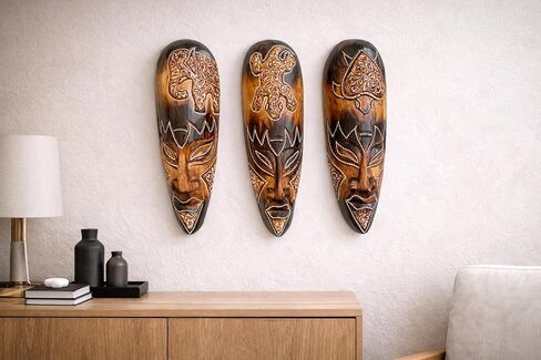 OMA Set Of (3) African Wall Masks With Stunning Details Hand Crafted Wooden Tribal Tiki Wall Hanging Home Decor Gift in Kuwait