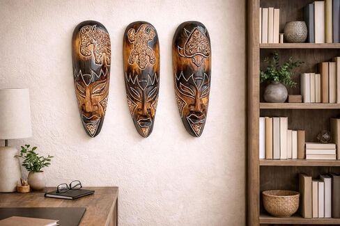 OMA Set Of (3) African Wall Masks With Stunning Details Hand Crafted Wooden Tribal Tiki Wall Hanging Home Decor Gift in Kuwait