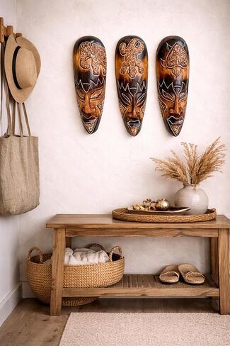 OMA Set Of (3) African Wall Masks With Stunning Details Hand Crafted Wooden Tribal Tiki Wall Hanging Home Decor Gift in Kuwait
