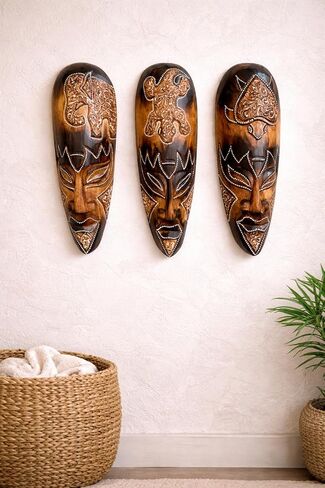 OMA Set Of (3) African Wall Masks With Stunning Details Hand Crafted Wooden Tribal Tiki Wall Hanging Home Decor Gift in Kuwait