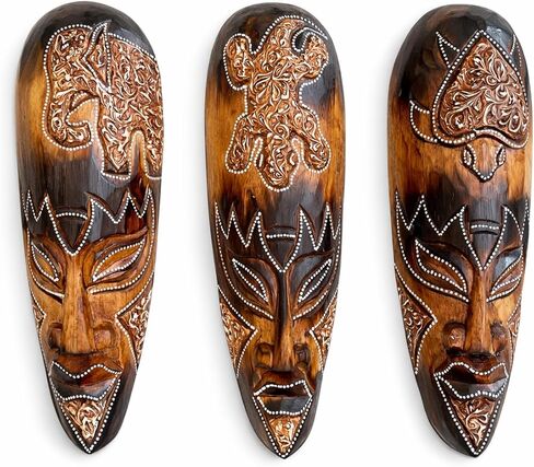 OMA Set Of (3) African Wall Masks With Stunning Details Hand Crafted Wooden Tribal Tiki Wall Hanging Home Decor Gift in Kuwait
