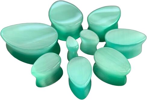 PAIR of Beautiful Sea Foam Green Cat Eye Stone Teardrop Double Flare Plugs - Tear Drop - Gauges - Body Jewelry in Saudi Arabia