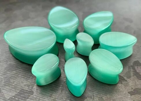 PAIR of Beautiful Sea Foam Green Cat Eye Stone Teardrop Double Flare Plugs - Tear Drop - Gauges - Body Jewelry in Saudi Arabia