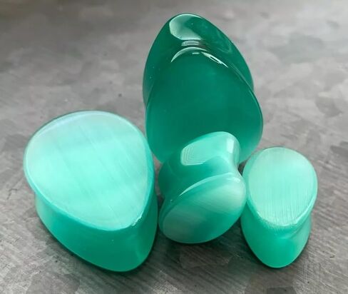 PAIR of Beautiful Sea Foam Green Cat Eye Stone Teardrop Double Flare Plugs - Tear Drop - Gauges - Body Jewelry in Saudi Arabia