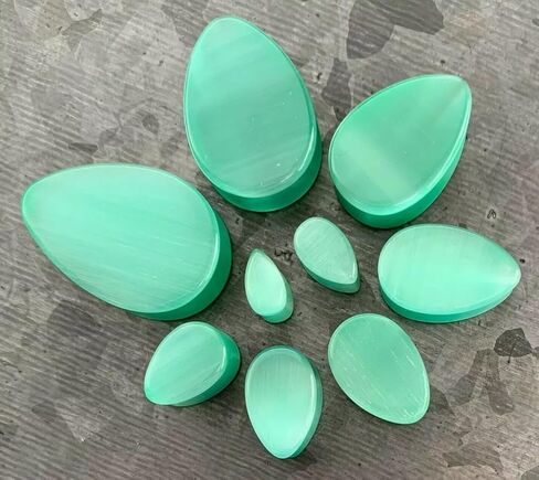 PAIR of Beautiful Sea Foam Green Cat Eye Stone Teardrop Double Flare Plugs - Tear Drop - Gauges - Body Jewelry in Saudi Arabia