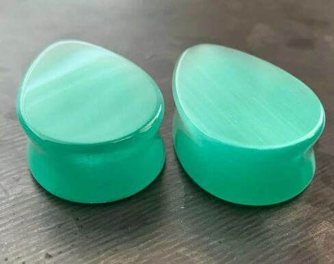 PAIR of Beautiful Sea Foam Green Cat Eye Stone Teardrop Double Flare Plugs - Tear Drop - Gauges - Body Jewelry in Saudi Arabia