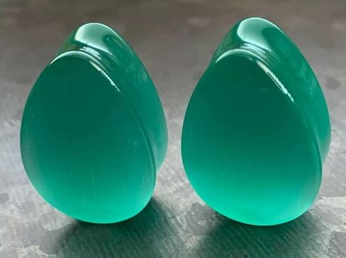 PAIR of Beautiful Sea Foam Green Cat Eye Stone Teardrop Double Flare Plugs - Tear Drop - Gauges - Body Jewelry in Saudi Arabia
