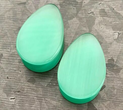 PAIR of Beautiful Sea Foam Green Cat Eye Stone Teardrop Double Flare Plugs - Tear Drop - Gauges - Body Jewelry in Saudi Arabia