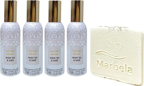 Bath & Body Works White Tea & Sage Concentrated Room Spray 4 Piece Bundle with a Natural Oats Sample Soap in Saudi Arabia