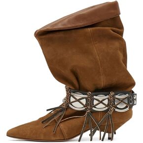 أحذية رعاة البقر الغربية للنساء أحذية راعية البقر المترهلة مع هامش مكشكش سهل الارتداء لمنتصف الساق وهريرة وكعب منخفض ومقدمة مدببة للحفلات الموسيقية الريفية وحفلات الزفاف in Kuwait