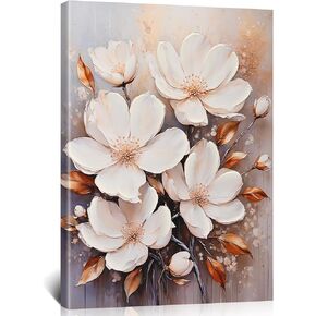 Poemwish Flower Wall Art, White Magnolia Style Floral Decor, Golden Leaves and Petal Canvas Wall Art, Blue Cream Background with Gold Accents, Elegant Floral Artwork in Saudi Arabia