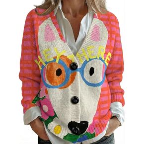 Plus Size Plaid Cardigan, V-Neck Knit Sweater with Hand-Painted Animal Buttons, Soft Stretch Fabric in Kuwait
