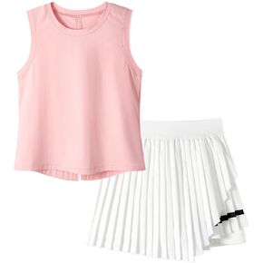 Rolanko Girls Tennis Skirt Set, UPF 50+ Tank Top & Pleated Skort with Built-in Shorts and Pocket Kids 2 Piece Outfit in Saudi Arabia