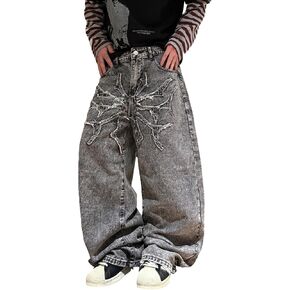 Mens Baggy Jeans Spider Web Patch Wide Leg Jeans Hip Hop Denim Pants Loose Fit Skater Jean Trousers in Kuwait
