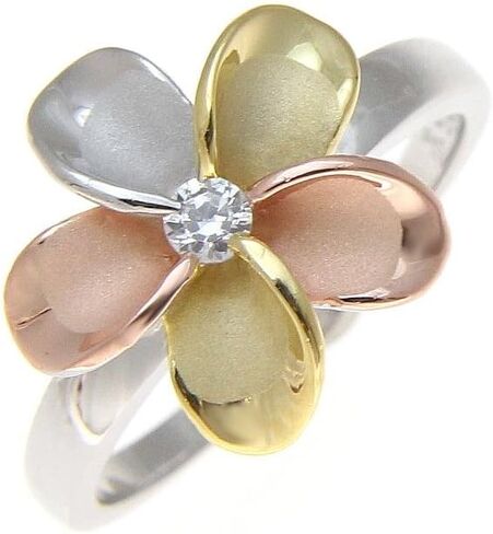 Arthur's Jewelry 925 sterling silver Hawaiian yellow pink rose gold rhodium tricolor plated 15mm single plumeria flower cz ring size 4 to 10 in Kuwait