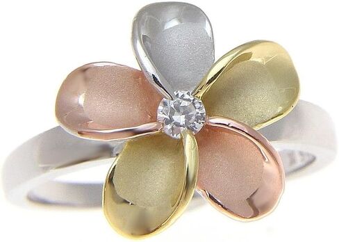 Arthur's Jewelry 925 sterling silver Hawaiian yellow pink rose gold rhodium tricolor plated 15mm single plumeria flower cz ring size 4 to 10 in Kuwait