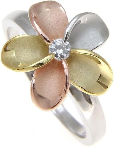 Arthur's Jewelry 925 sterling silver Hawaiian yellow pink rose gold rhodium tricolor plated 15mm single plumeria flower cz ring size 4 to 10 in Kuwait