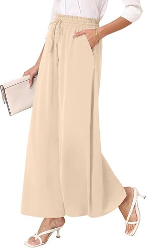 سروال نسائي شيفون أنيق عالي الخصر كاجوال واسع الساق سروال بالازو بنطلون فضفاض مع جيوب in Kuwait