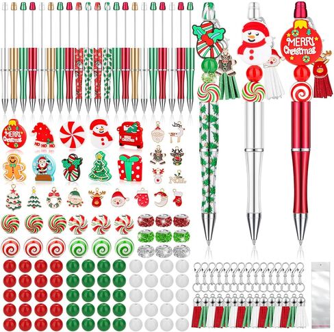 188 Pcs Christmas Beaded Pens Bulk,18Sets Christmas Pens Bulk with Christmas Focal Beads, Silicone Beads, Christmas Charms and Tassels, DIY Beadable Pens Gift for Office School Students in Saudi Arabia