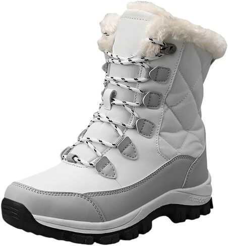 Women's Winter Waterproof Snow Boots Warm Lace-Up Slip-On Mid-Calf Outdoor Lightweight Hiking Boots Fleece Lining with Slip-Resistant Sole in Saudi Arabia