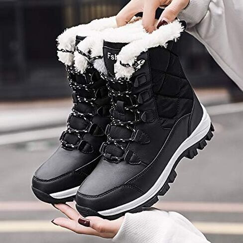 Women's Winter Waterproof Snow Boots Warm Lace-Up Slip-On Mid-Calf Outdoor Lightweight Hiking Boots Fleece Lining with Slip-Resistant Sole in Saudi Arabia