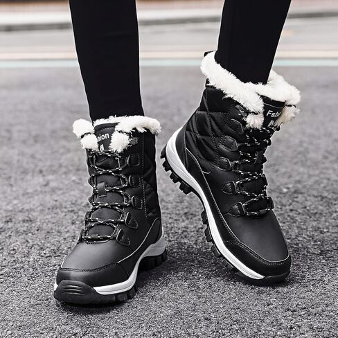 Women's Winter Waterproof Snow Boots Warm Lace-Up Slip-On Mid-Calf Outdoor Lightweight Hiking Boots Fleece Lining with Slip-Resistant Sole in Saudi Arabia