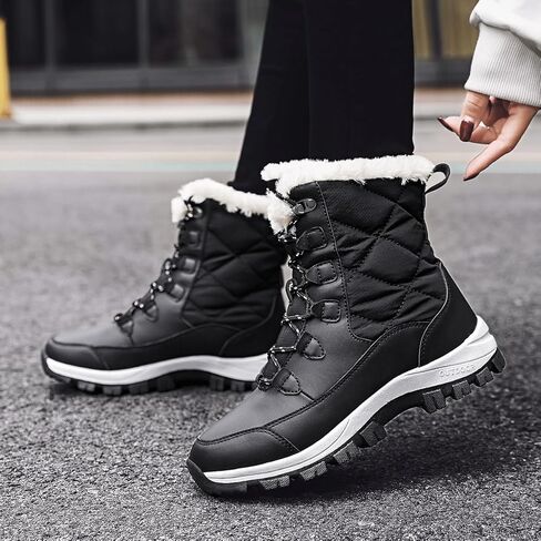 Women's Winter Waterproof Snow Boots Warm Lace-Up Slip-On Mid-Calf Outdoor Lightweight Hiking Boots Fleece Lining with Slip-Resistant Sole in Saudi Arabia