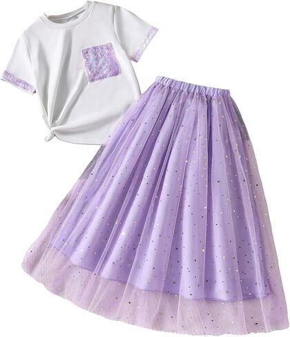 Floerns Girl's 2 Piece Summer Outfits Sparkly Sequin Short Sleeve Tops and Glitter Mesh Long Skirt Set in Saudi Arabia