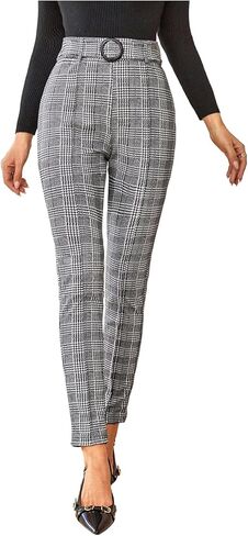WDIRARA Women's Plaid High Waist Belted Skinny Pants Casual Stretchy Leggings in Kuwait
