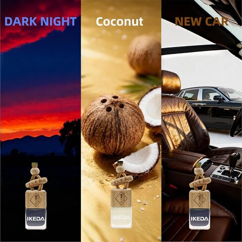 معطر هواء للسيارة من إيكيدا، موزع زيوت عطرية معلقة للسيارات، عطر يدوم لأكثر من 45 يومًا، يشمل: ليلة داكنة وجوز الهند وسيارة جديدة (عبوة 10 مل من 3) in Saudi Arabia