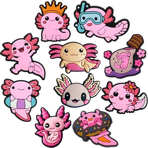 مجموعة سحر أحذية Axolotl اللطيفة، 10 قطع من سحر زينة Kawaii Pink Axolotl PVC للأحذية والصنادل وأساور المعصم، هدايا عيد ميلاد للحفلات. in Saudi Arabia