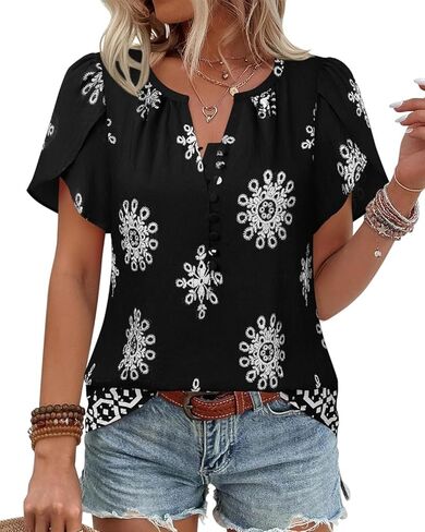 بلوزات قصيرة الأكمام للنساء كاجوال برقبة على شكل حرف V، قمصان بوهو عصرية فضفاضة بأزرار in Kuwait