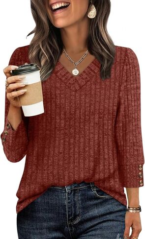 WIHOLL V Neck 3/4 Length Sleeve Womens Tops Casual Fall Shirts Lightweight Tunic Sweaters Fashion Clothes 2026 in Saudi Arabia