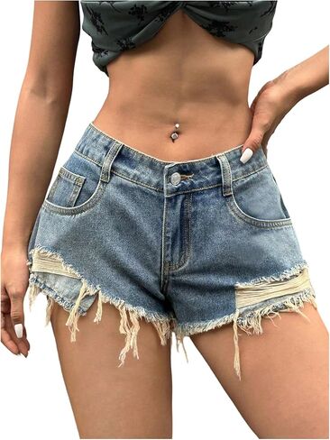 GORGLITTER Women's Ripped Low Rise Denim Shorts Y2k Distressed Straight Leg Mini Jean Shorts Going Out Streetwear in Saudi Arabia