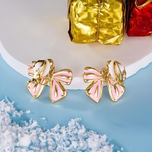 LAXPICOL 14K مطلية بالذهب الوردي المينا القوس كليب على الأقراط للنساء غير مثقوب أقراط القوس المتدلية، مجوهرات Preppy لطيف لعيد ميلاد عيد الحب in Saudi Arabia