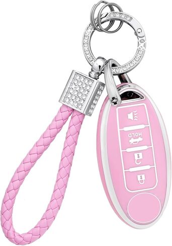 PIFOOG Key Fob Cover for Nissan 4 Button Pink Bling Keychain Girly Car Keys Case Shell Full Covers Protector Accessories for Altima Sentra Kicks Armada Murano Rogue Pathfinder Versa Titan Women TPU in Kuwait