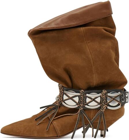 أحذية رعاة البقر الغربية للنساء أحذية راعية البقر المترهلة مع هامش مكشكش سهل الارتداء لمنتصف الساق وهريرة وكعب منخفض ومقدمة مدببة للحفلات الموسيقية الريفية وحفلات الزفاف in Kuwait