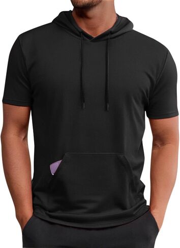 Casual Drawstring Hooded Tops for Men Comfy Workout Summer Trendy Hoodie Plain Procket Tshirts Hood Tees Shirts in Saudi Arabia